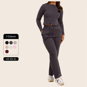 RELA RELA Fine Rib Button Up Cardigan And Trousers Two Piece Loungewear Set UK 6-16 Basic Comfort Long Sleeve Womenswear Airport Outfit