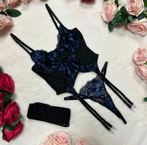 Liliosa Lingerie ALFIE Enchanted Midnight Sexy Blue Black Soft Lace Lingerie Bodysuit 3 Piece Set, Comfortable Corset, Embroidery Floral Mesh Sheer Womenswear, Elegance Underwear, Sexy Thong Adjustable Fit Pants Elegant Matching Detachable Straps Apparel