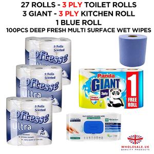 27x Toilet Rolls 3ply, 3x GIANT Kitchen Rolls, 1x Blue Rolls,100pcs DEEP FRESH Multi Surface Wet Wipes,  Luxury Quilted, Soft and Gentle, Flushable Eco-friendly Disposable Sustainable, Family Sheets Wipes soft bathroom Set Cleaning Unscented
