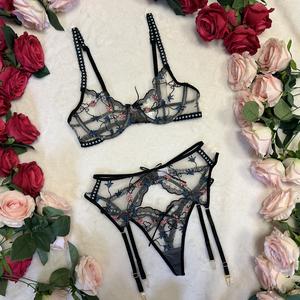 Liliosa Lingerie High Quality Sophisticated Design 3 PIECE SET (Bra + Garter + Pants)  Comfortable Underwear Womenswear, Red and White Spicy Every Day Lingerie, Elegant Floral Lace, Valentines Sexy Lingerie, Contrast Mesh Sheer Fit Style Halloween