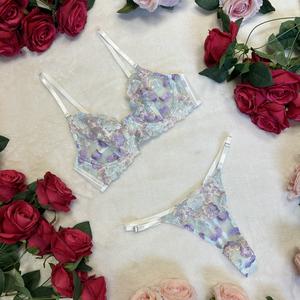 LILIOSA LINGERIE Pastel Floral Embroidery 2 Piece Lingerie Set (Bra non adjustable + Pants adjustable) Comfortable Underwear Womenswear, Delicate and Breathable Mesh Soft Fabric, Everyday Elegant Womenswear Fit Matching, Adjustable Spaghetti Straps
