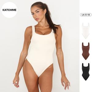KatchMe Women's Versatile Solid Color U Neck Shaping Bodysuit(8-18UK),Cosy Plain Detachable Chest Pad & Snap Closure Design Shapewear for Lady