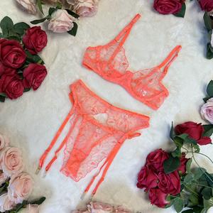 Liliosa Lingerie Corina Sunset Glow Coral High Quality Soft Lace 3 Piece Lingerie Set(Bra + Garter + Pants) Comfortable Fabrics Womenswear, Adjustable Spaghetti Straps, Everyday Elegant Womenswear Bridal Matching Style Fit, Comfort Bra and Pants