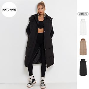 KatchMe Women's Stylish Versatile Hooded Zip-Up Waist Tie Thermal Gilet(6-16UK), Basic Womenswear, Plain Zipper Pocket Long Gilet for Fall & Winter