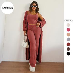 KatchMe Women's Cozy Solid Color Fur Cropped Tank & High Waist Skinny Trousers With Long Cardigan Three-Piece Set,Fall & Winter Comfort Plain Outfits