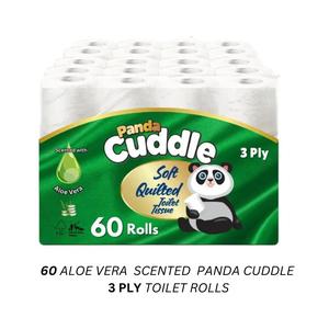 Panda Cuddle 60 Toilet Rolls, Aloe Vera Scented, 3 Ply, White, Luxury Quilted Soft Tissue - Lightweight, Sheets Towel