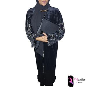 Helin Velvet Abaya Embellished With Florescent Gems And Matching Hijab In Sizes 50,52,54,56,58,60 Fits Up To Uk 20 Made in Dubai Stunning Fancy Valentines Night Out Sparkly Umrah Hajj Islam Casual Muslim Fashion Eid Gift Ramadan beautiful abayas open