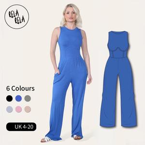 RELA RELA Solid Ribbed High Neck Wide Leg Sleeveless Jumpsuit UK 6-20 Basic Fabric Womenswear Casual Chic Comfortable