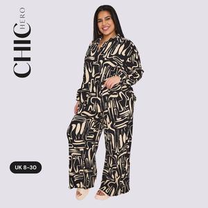 ChicHero Crinkle Abstract Print Dropped Shoulder Oversized Comfort Co-ord Shirt & Trousers Womenswear Casual Long Sleeve Fits Medium Overalls Stretchy Suits Fabric autumn  set black  friday  sale women  outfits