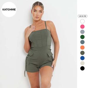 KatchMe Women's Sports Thin Straps Cargo Pocket Slim Playsuit (6-18UK) (B),Plain Spaghetti Straps Sleeveless Slim-Fitting Playsuit,Basic Womenswear