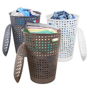 Small Plastic Laundry Basket with Lid and Handles, 48 Litre Basket storage Hamper in Grey, Taupe or White, 39cm x 26cm x 52cm Organiser Rattan