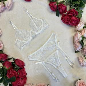 LILIOSA LINGERIE High Quality White Lace 3 Piece Lingerie Set (Bra+Garter+Pants) Comfort Womenswear Underwear, Everyday Feminine Thong, Bridal Matching Fit, Adjustable Spaghetti Straps, Soft Lace, Women's Clothing, Girl Gift