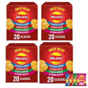 Walkers Classic Variety Potato Crisps - Pack of 80 x 25g (Flavours: x20 Cheese & Onion, x20 Ready Salted, x20 Salt & Vinegar, x20 Prawn Cocktail) Snack