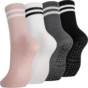 4 Pairs Yoga Grip Socks Women, Non Slip Pilates Socks Grippy Socks Ladies Mid-Calf Grip Socks Breathable Cotton Socks for Ballet, Dance, Workout, Fitness, Running(1_year light color)
