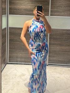 Varya - Women's Abstract Print High Neck Maxi Dress with Ruched Backless Tie Detail - Womenswear holiday abroad outfits floral