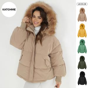 KatchMe Premium Women's Oversize Plush Hooded Zip-Up Thermal Cotton Coat (A),Fall & Winter Womenswear,Stylish Plain Long Sleeve Flap Pocket Zipper Outerwear Jacket