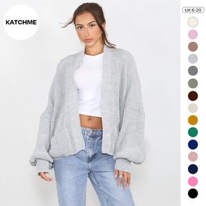 KatchMe Women's Commuter Versatile Balloon Sleeve Knit Short Cardigan (6-20),Casual Knitwear for Lady,Plain Open-Front Side Pocket Womenswear