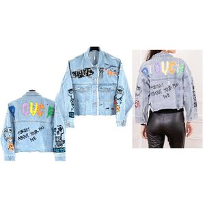 Fashion Luva New Women Crop Denim Jacket Studs Beaded Emboridered Diamante FAMOOS id Love PANGES THE IG MOM LOVE ABZ Print