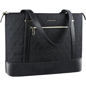 Laptop Tote Bag for Women, 16 Inch Waterproof Computer Shoulder Bag with USB Port, Large Office Tote Bag for Work, Lightweight Handbag for Business/Travel/, Quilted Black