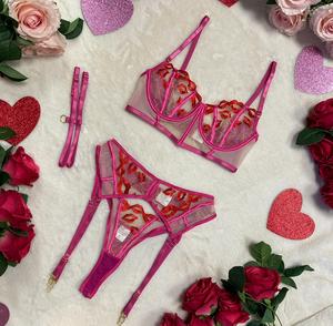 Liliosa Lingerie BESITO High Quality Mesh Sheer 4 Piece Fiery Lip Kiss Embroidery (Clasp Bra + Clasp Garter +Thong Panties + Thigh Straps) Sexy Comfortable Underwired Bra Customized Longline Cutout, Chic Sexy Thong, Comfort Womenswear Underwear Love