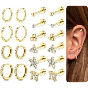 MILACOLATO 10 Pairs Gold Earrings for Women 18K Plated Gold Hypoallergenic Earring 316L Surgical Steel Hoop Earrings Flat Back Earring Stud Cubic Zirconia Helix Tragus Cartilage Piercing Jewelry