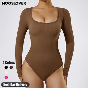 Mooslover UK Recommend Sexy Ribbed One Piece Square Neck Long Sleeve Bodysuit