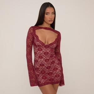 Long Sleeve Plunge Cut Out Front Mini Dress