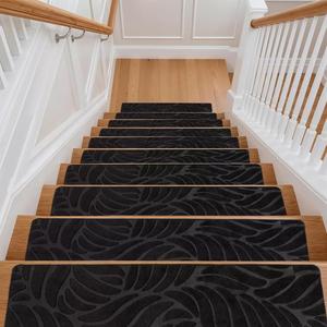 EcoVend Non-Slip 15Pcs Carpet Stair Floor Mat Protection Cover Tufted Design for Home Safety & Durability Black Patterned Staircase Pad