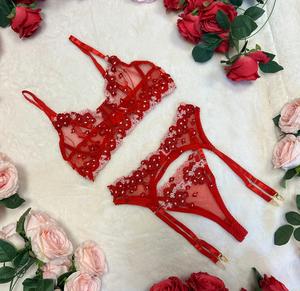 Liliosa Lingerie RED CYPRUS Flower High Quality Contrast Mesh Sheer 3 Piece Lingerie Set - (Clasp Bra + Clasp Garter + Adjustable Pants) Comfortable Underwear Womenswear, Red and White Spicy Every Day Lingerie, Elegance Style, Bridal Fit