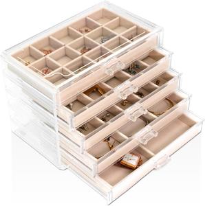 Sasha Morel Clear Acrylic Women's Jewellery Organiser Box - 5 Drawers, Velvet Earring Holder, Customisable Storage for Accessories - Stackable, Stylish & Sturdy Design - Gift for Mum