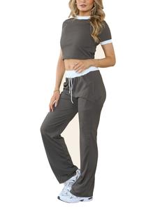 Fashion Luva Womens Ribbed Contrast Cap Sleeve Crop Top Flared Trouser Two Piece Co Ord Set in Polyester Fabric Outfit Womenswear Casual Overalls Suits Underwear