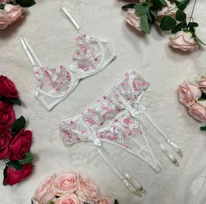 Liliosa Lingerie MAYA Blossom Floral Embroidery High Quality Soft Fabric Mesh Sheer Fabric 3 Piece Lingerie Set, Adjustable Spaghetti Straps, Comfortable Womenswear, Spring Summer Lingerie, Satin Straps, Ribbon Dector, Elegant Women Style Lace B