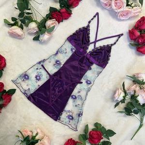 LILIOSA LINGERIE High Quality Chic Loungewear Purple Satin Babydoll 2 Piece Night Dress With Pants, Elegant Flowers Womenswear Light Nightwear, Comfortable Soft Elegance Matching Sleeveless Overall, Sexy Nightwear, Floral Embroidered Nighty Dress Feminine