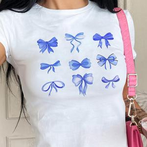 Blue Bow Print T-Shirt - Womens Baby Tee - Salty Pixie
