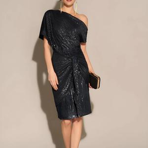 Valentines Gift-Women's Sequined Party Dress Short Sleeve Asymmetric Off Shoulder Bodycon Fit Teal Sequins Elegant Chic Summer Formal Wear