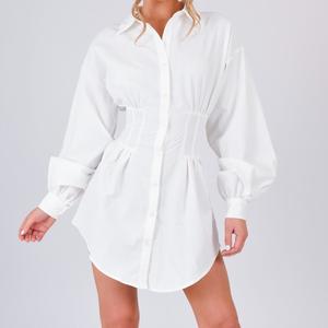 Waist Detail Button Front Shirt Dress White Casual Long Sleeve Collared Womenswear Basic Fitted Above Knee Minimalist