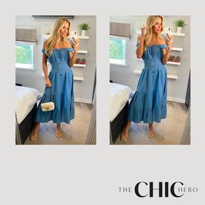 ChicHero Button Front Elasticated Strap Denim Casual Midi Dress Fit Womenswear Style Vintage Summer Fitted Basic Minimalist black  friday  sale