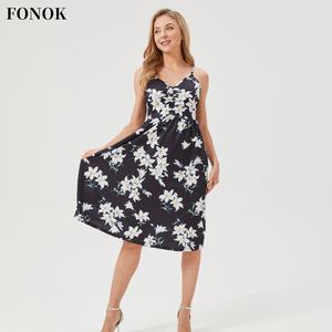 【FONOK】V-neck print halter dress summer cool large Dress fashion temperament Casual Light Polyester Womenswear Beach Sleeveless Comfort Lady Soft Basic Casual Wear Floral Dress