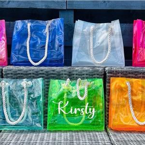 Personalised PVC Beach Bag with Sturdy Rope Handle - various colours available, perfect for holiday, holiday beach bag, neon beach bags, pink bag, gift for sister, gift for mum, holiday essentials