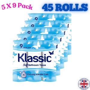 45 Toilet Rolls | 3 ply | Klassic Soft Disposable bathroom tissue | Quilted Triple Soft Unscented White Toilet Tissue | 9 Rolls X 5 pack |