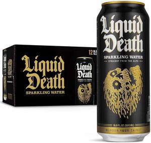 Liquid Death Sparkling Mountain Water 500ml - Pack of 12 Cans - Sparkling Water from the Alps Beverage Drink