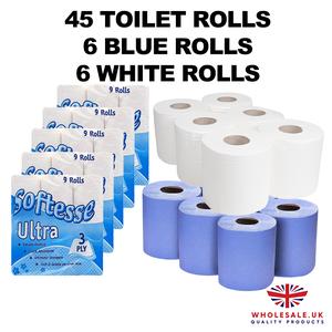 45 Toilet Rolls 3ply, 6 Blue Rolls, 6 White Rolls, Luxury Quilted, Soft and Gentle, Flushable Eco-friendly Disposable Sustainable, Family Sheets Wipes soft bathroom Set unscented