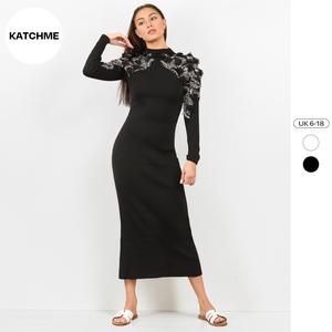 KatchMe Women's Premium 3D Floral Decor Mock Neck Long Sleeve Slinky Maxi Dress,Luxurious Spring & Fall Figure-Hugging Dress for Vacation,High-End Clothing