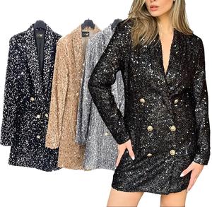 Fashion Luva Womens Petite Velvet Sequin Blazer shiny outdoor clothing for the party autumn winter Double Breasted Long Jacket Long Sleeve Vneck