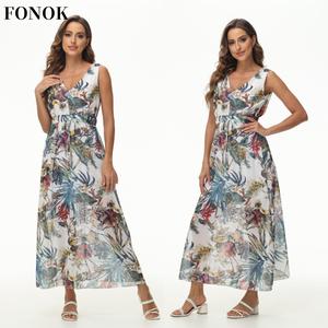 【FONOK】2024 Summer New Printed Tie Dresses Boho Dresses Beach Vacation Dresses