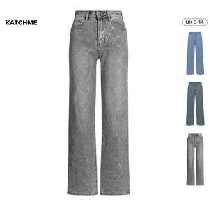 KatchMe Women's Versatile Mid-Rise Lines Multi-Pocket Straight Leg Jeans, Vintage Denim Trousers for Women, Soft Comfortable Women's Bottoms