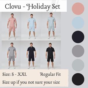 Clovu S-6XL Mens Viral Holiday Co-ord Set - Tops and Shorts - Soft and Light, Comfy, Zip and Round Neck, Holiday Summer and Airport Outfit Classic Clothes Menswear Plain Shortsleeve Shirt Simple Stretchy Holiday Outfit Matching Co-ord