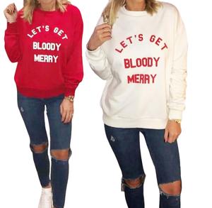 Fashion Luva New Ladies Let's Get Bloody Merry Slogan Xmas Sweatshirt Womens Christmas Jumper Top