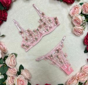 Liliosa Lingerie Pink Butterfly Chic 2 Piece Elegance 3D Floral  Lingerie Set (Bra Clasp + Adjustable Pants) , Comfortable Womenswear, Supportive Underwired Bra, Adjustable Fit Spaghetti Straps, Quality Breathable Fabrics, Everyday Outfit Black Customized