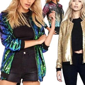 Womens Ladies Sequin Glitter Bomber Jacket Multicolored Glitter Club Dance Party Biker UK Size S-XL Fit Long Sleeve Womenswear Comfortable